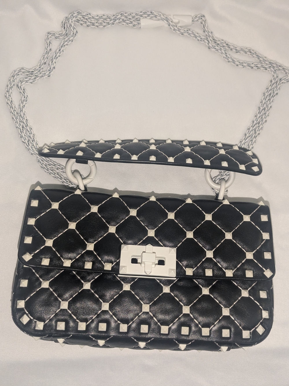 Valentino Rockstud Black Quilted Crossbody with White Studs